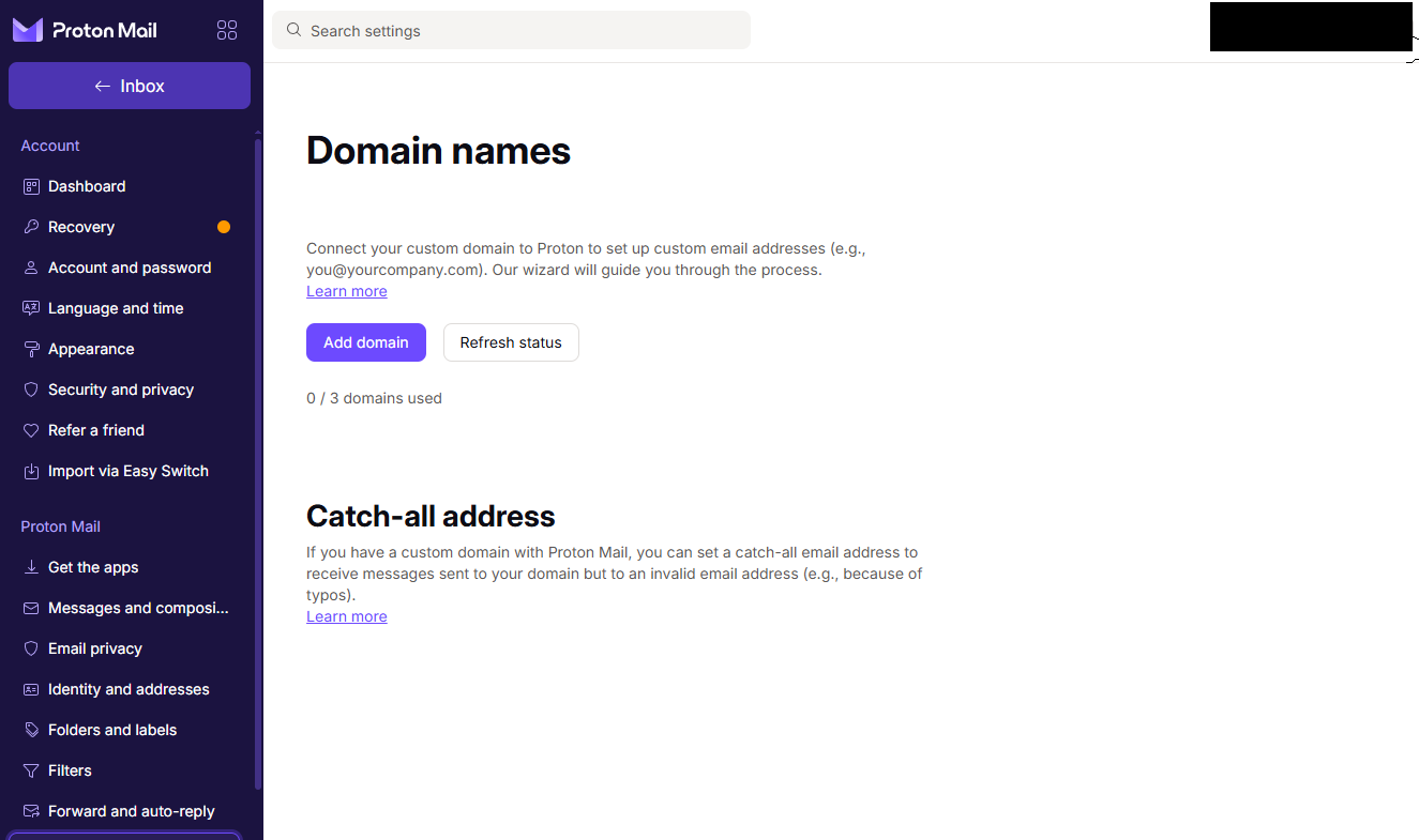 Adding domain in ProtonMail