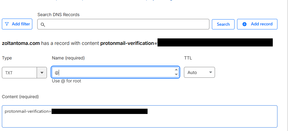 Adding TXT verification record